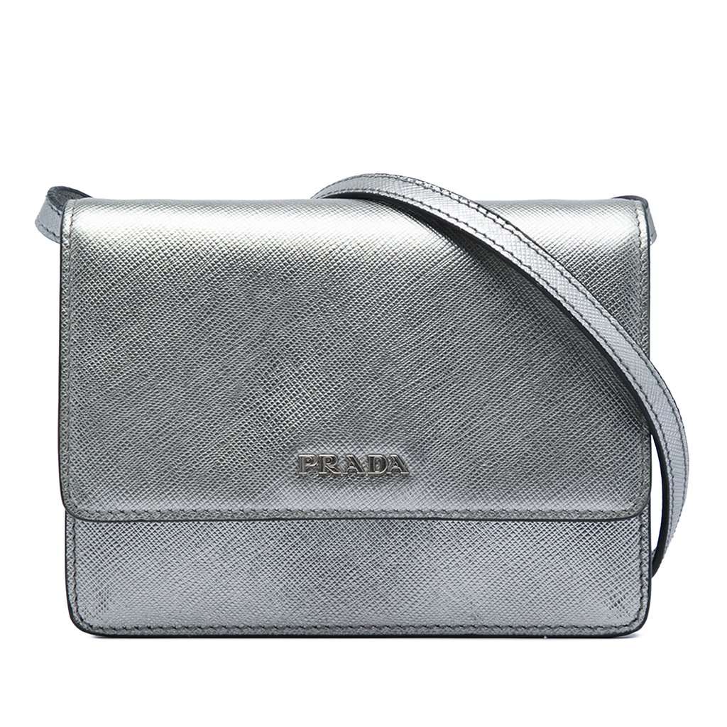 Prada Saffiano Wallet on Strap Silver Leather Very good - Front View