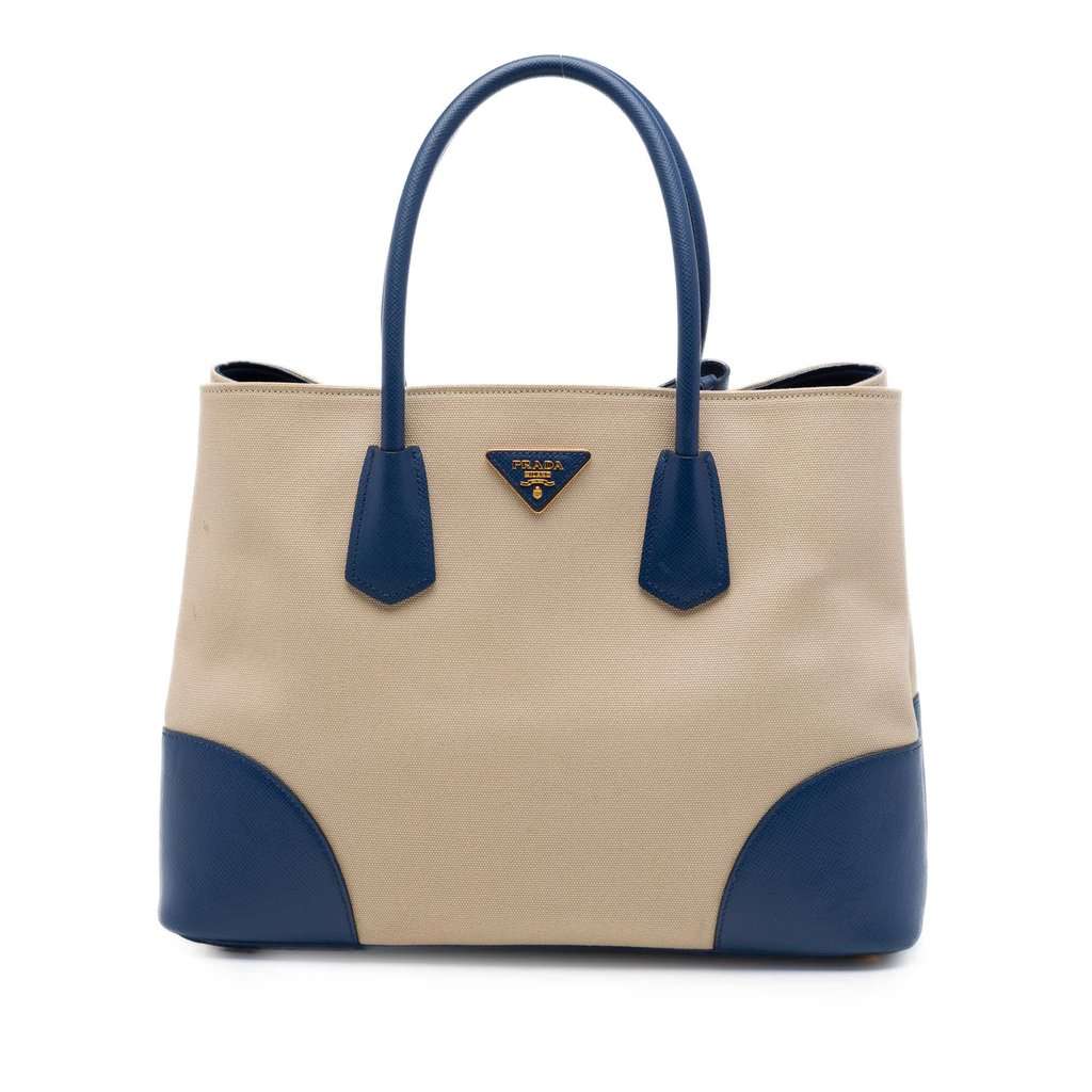 Prada Large Canapa and Saffiano Double Satchel Beige Very good - Front View