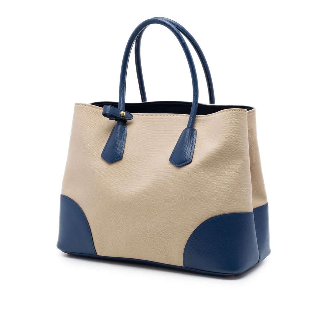 Prada Large Canapa and Saffiano Double Satchel Beige Very good - Back View