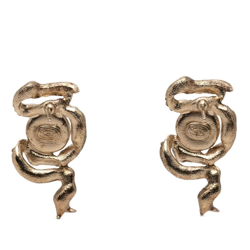 Chanel CC Gold Plated Faux Pearl & Strass Ribbon Push Back Earrings Gold Metal Very good condition - Back View