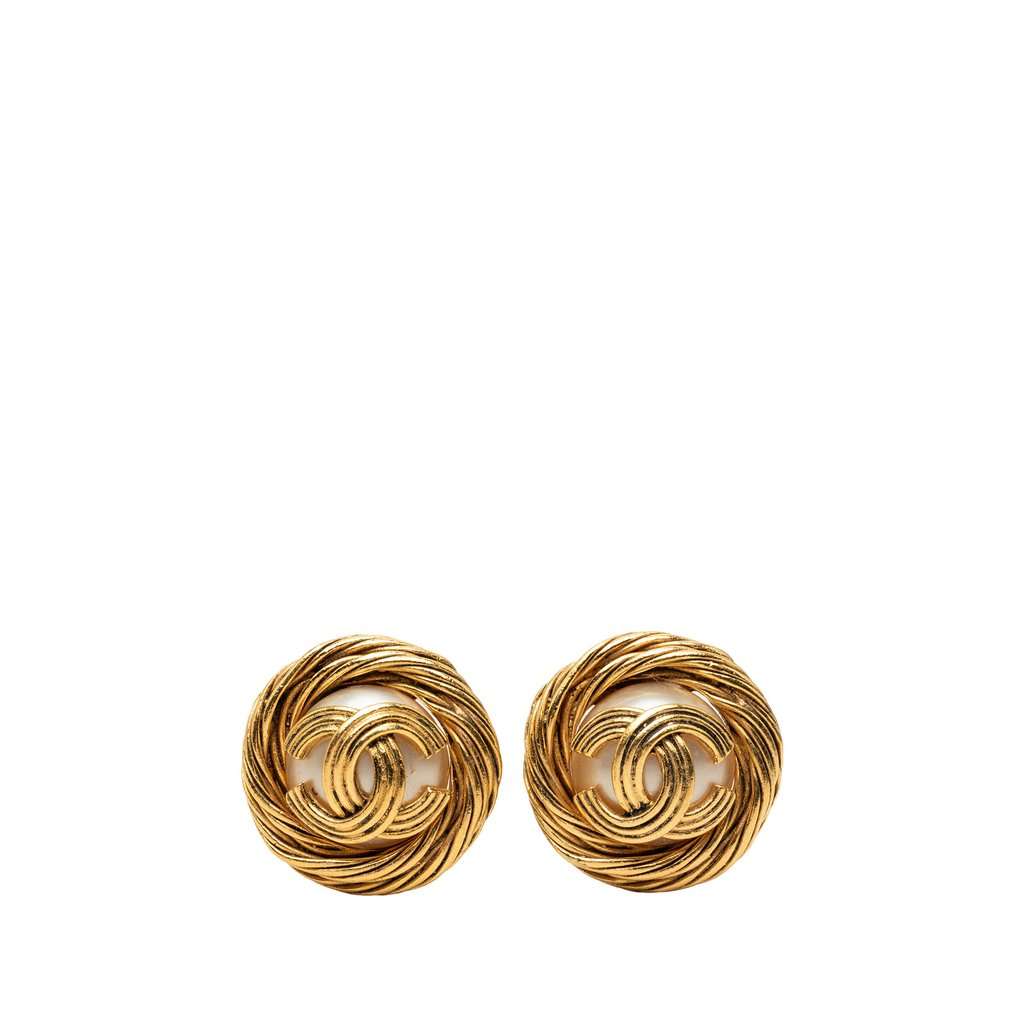 Chanel CC Gold Plated Faux Pearl Clip On Earrings Gold Metal Good - Front View