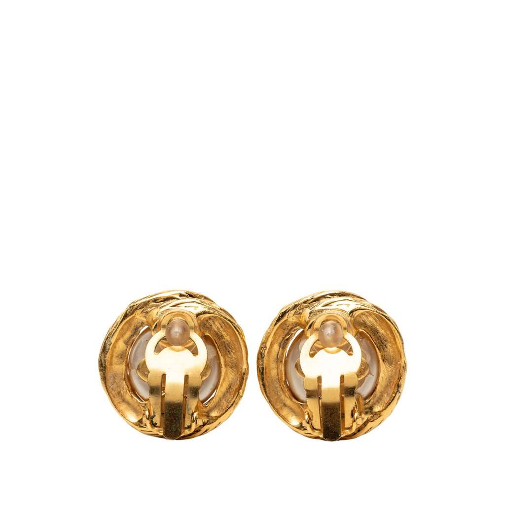 Chanel CC Gold Plated Faux Pearl Clip On Earrings Gold Metal Good - Back View