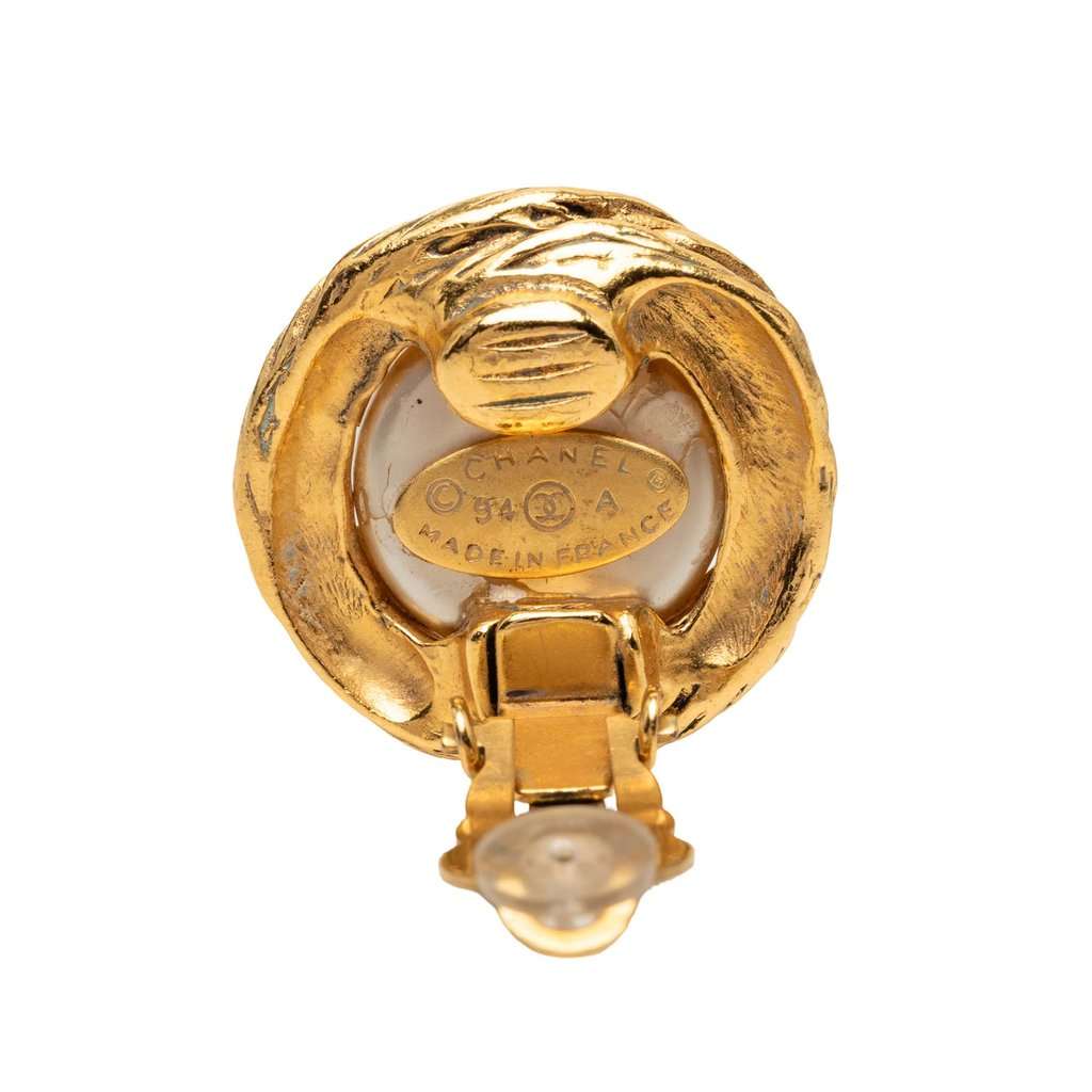 Chanel CC Gold Plated Faux Pearl Clip On Earrings Gold Metal Good - Inside View