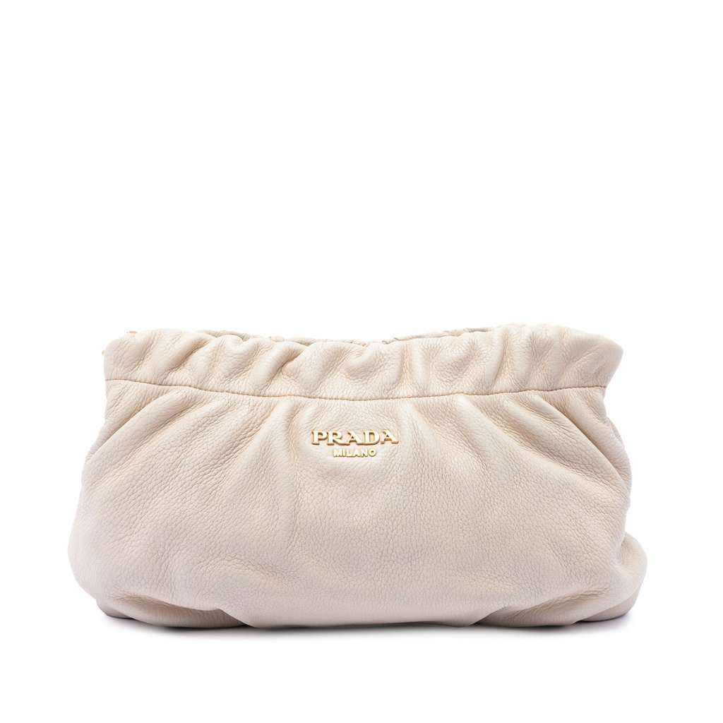 Prada Vitello Daino Ruched Clutch Brown Leather Very good condition - Front View