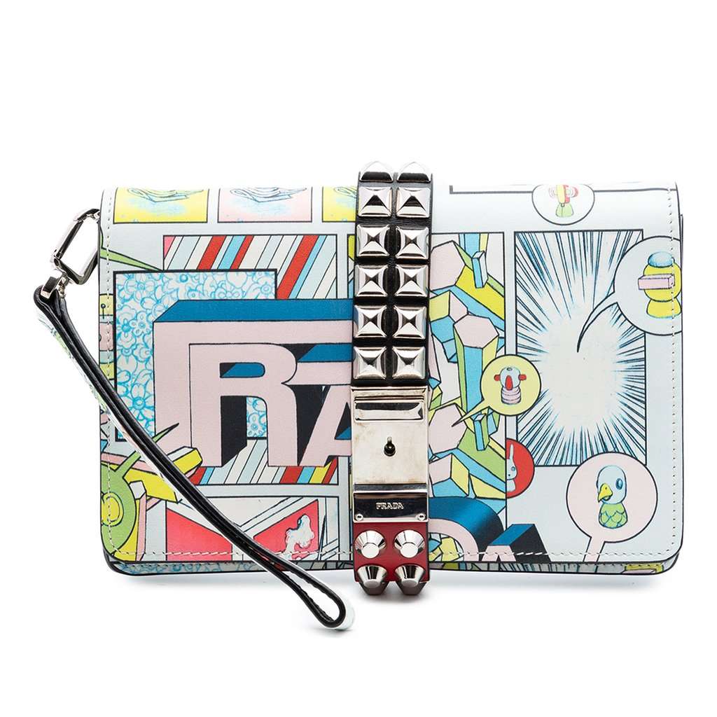 Prada Comic Print Studded Leather Elektra Clutch White Leather Very good condition - Front View