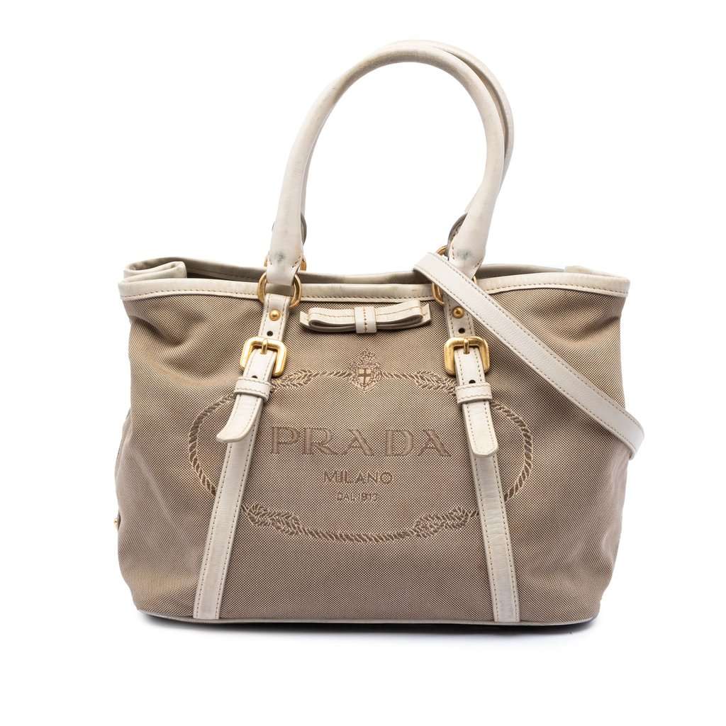 Prada Canvas Canapa Logo Bow Satchel Beige Very good condition - Front View