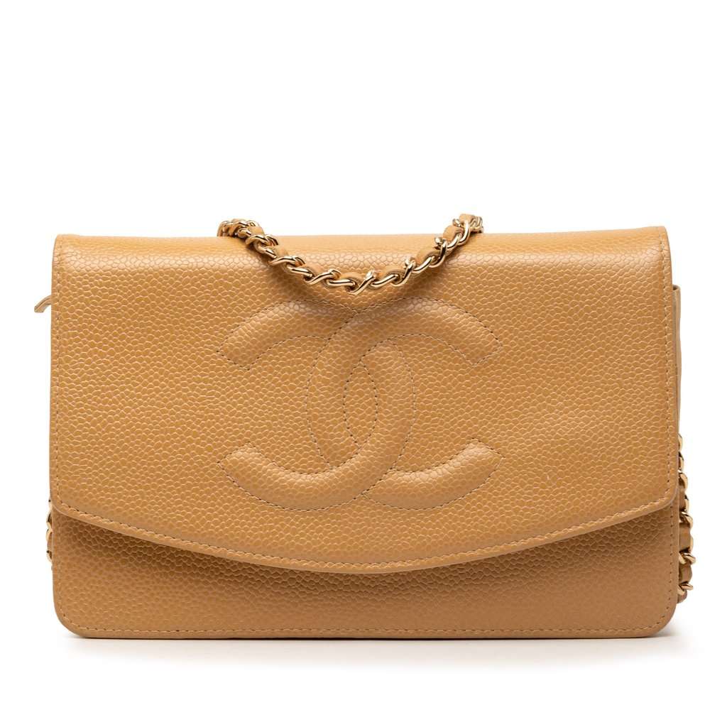 Chanel CC Caviar Wallet On Chain Beige Leather Very good condition - Front View