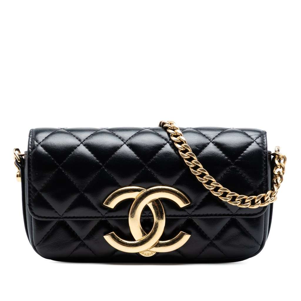 Chanel Quilted Lambskin Giant CC Flap Phone Holder with Chain Black Leather Very good condition - Front View