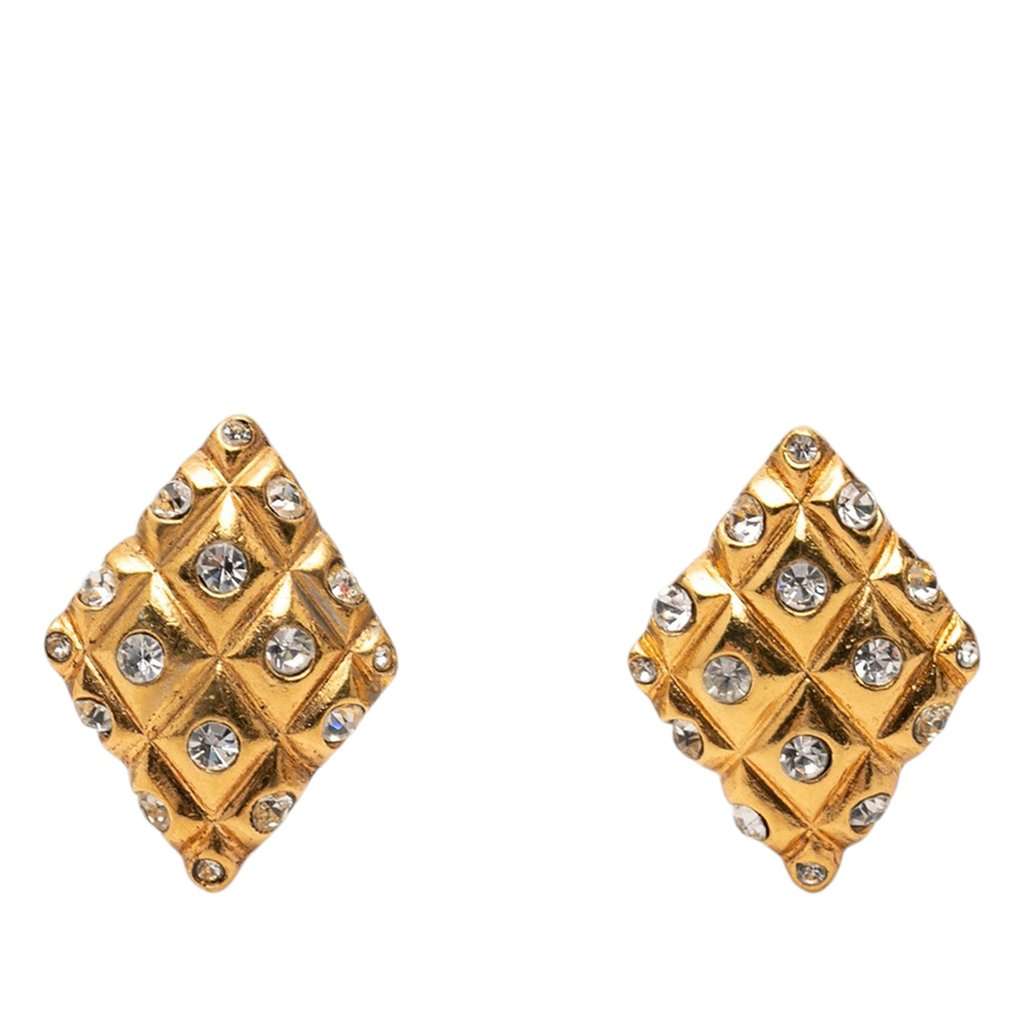 Chanel CC Gold Plated Strass Quilted Rhombus Clip On Earrings Gold Metal Very good condition - Front View