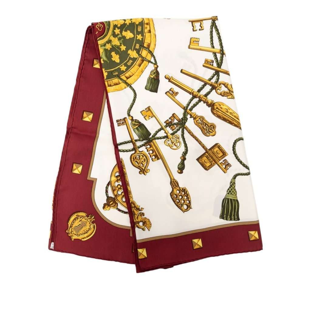 Hermès Les Cles Silk Scarf 90 White Very good - Front View