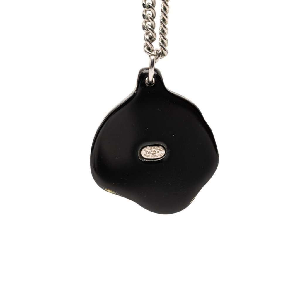 Chanel Brass Camellia Resin Strass Pendant Necklace Silver Metal Very good condition - Back View