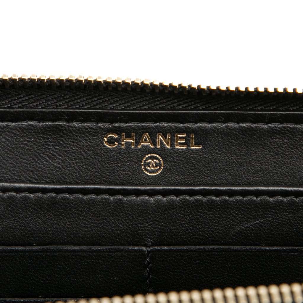 Chanel Bicolor Quilted Lambskin Faux Pearl Ribbon Long Wallet Black Leather Very good condition - Box View