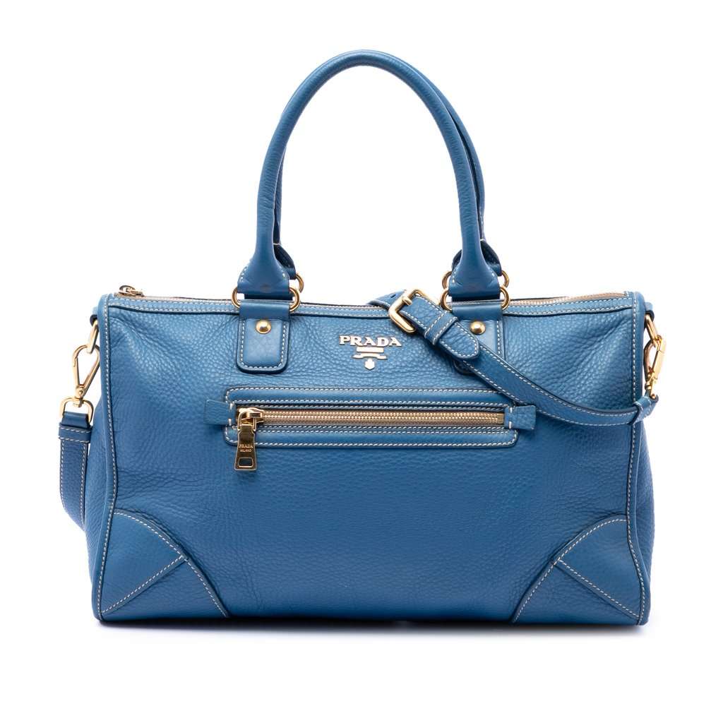 Prada Vitello Daino Zip Top Satchel Blue Leather Very good condition - Front View
