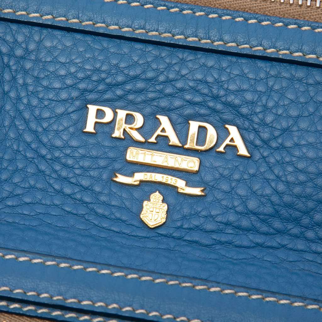 Prada Vitello Daino Zip Top Satchel Blue Leather Very good condition - Box View