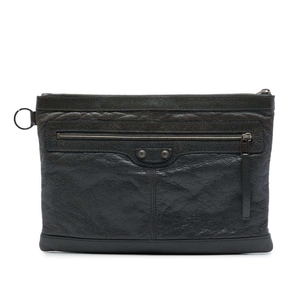 Balenciaga Lambskin Motocross Classic Clip Clutch M Black Leather Very good - Front View
