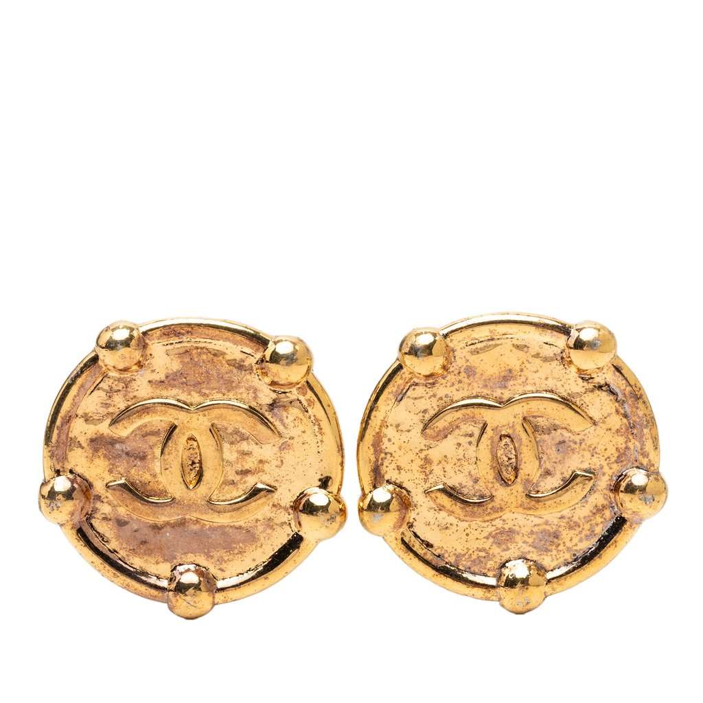 Chanel CC Gold Plated Round Clip On Earrings Gold Metal Very good - Front View