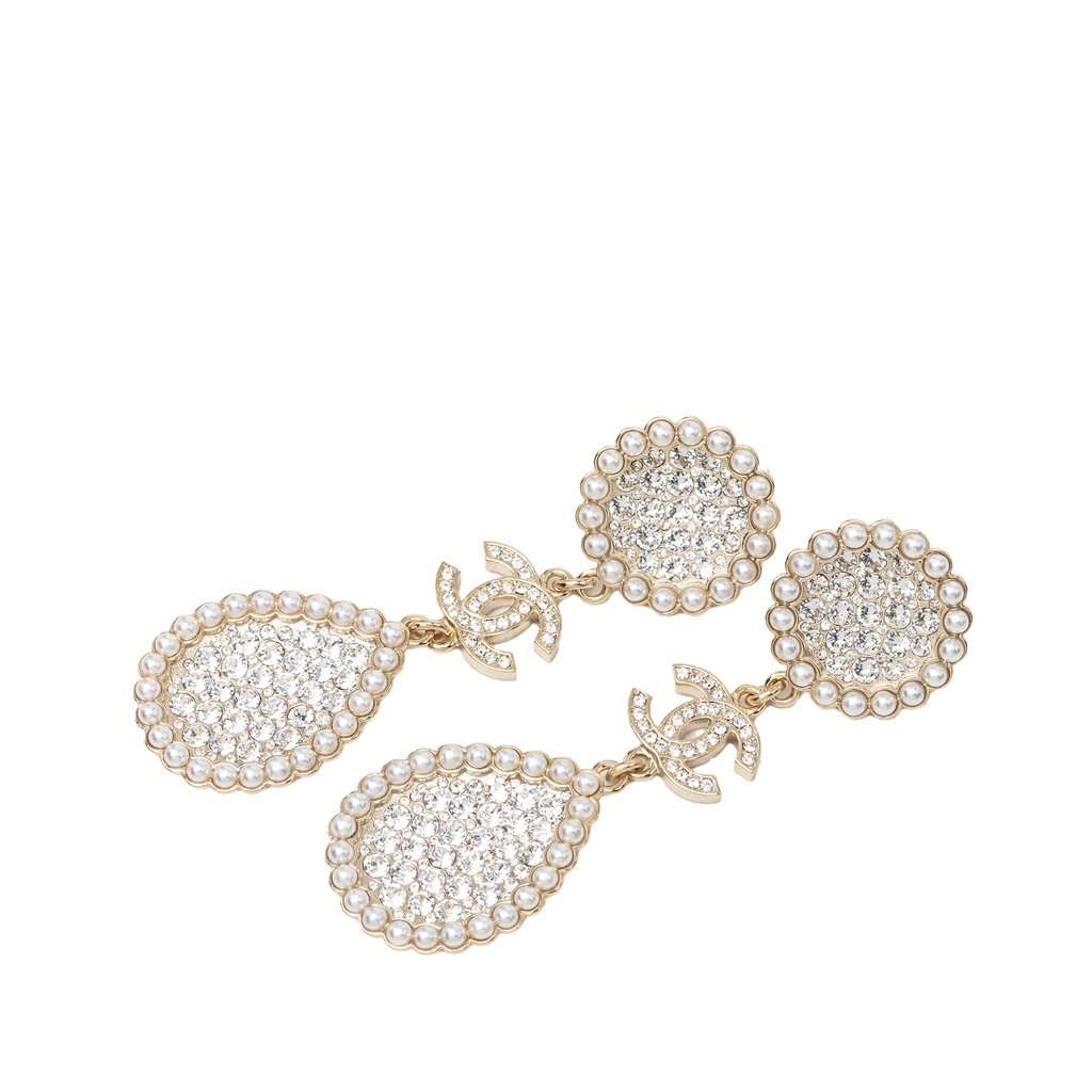 Chanel CC Gold Plated Strass and Faux Pearl Drop Push Back Earrings Gold Metal Very good condition - Front View