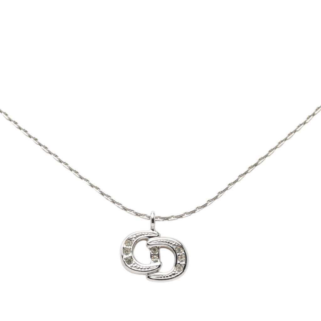 Dior Brass and Strass CD Logo Pendant Necklace Silver Metal Very good - Back View