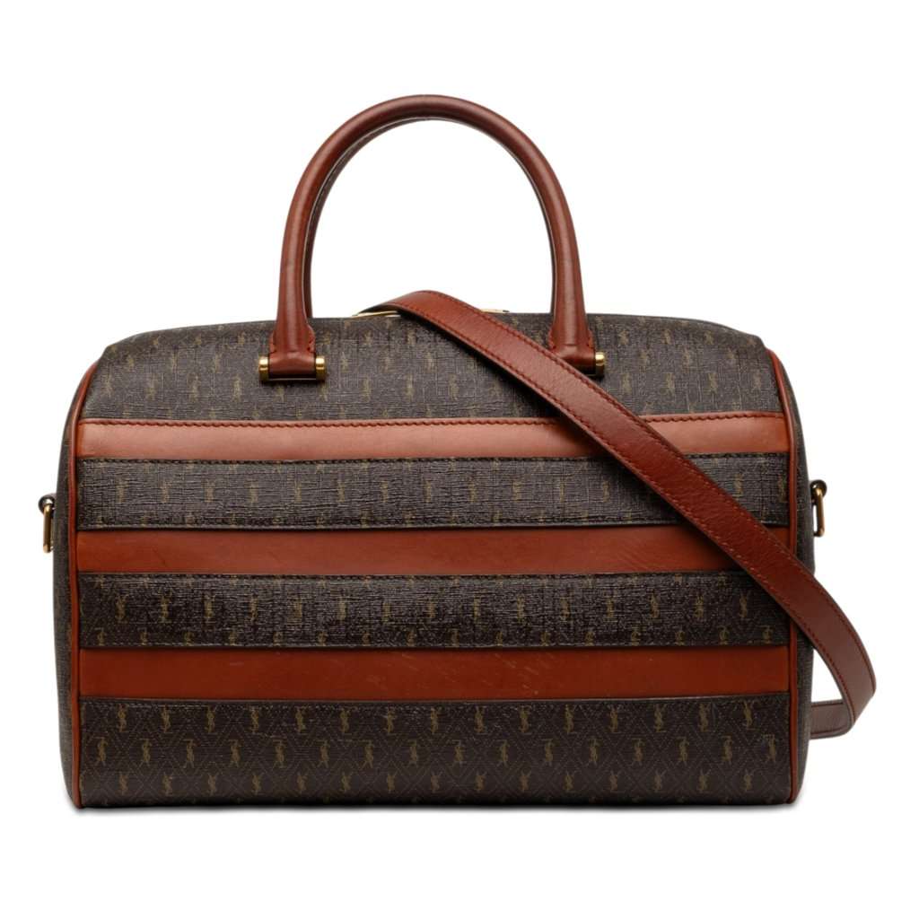 Saint Laurent Le Monogramme Coated Canvas and Leather Striped Boston Bag Brown Very good condition - Front View
