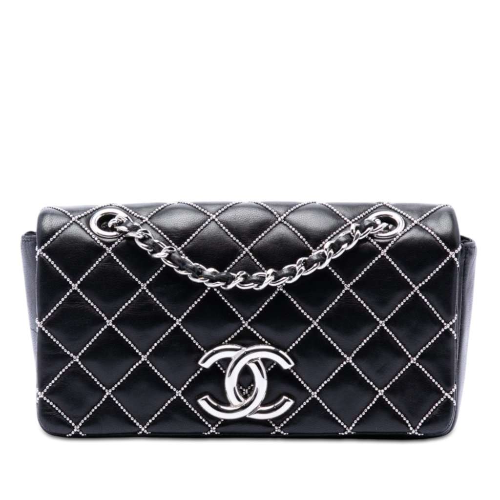 Chanel Mini CC Quilted Lambskin Beaded Full Flap Black Leather Very good - Front View