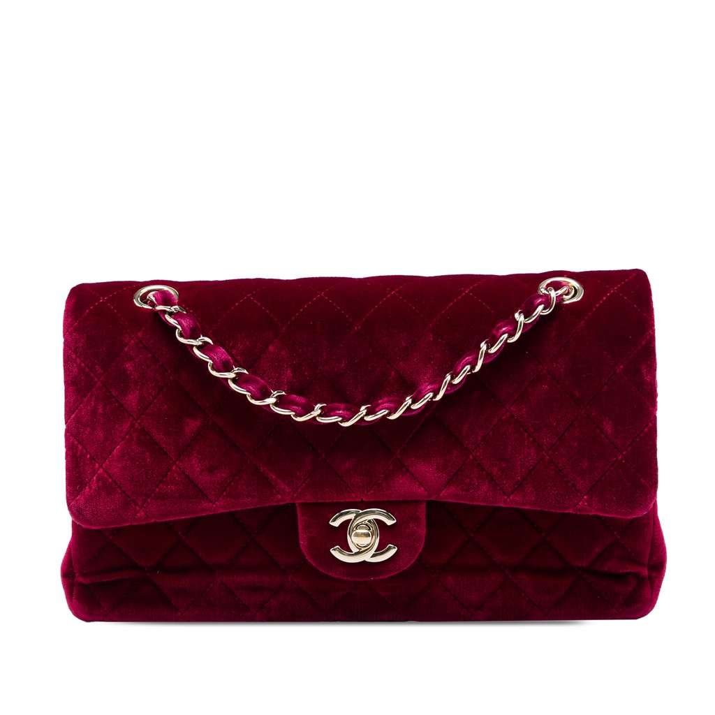 Chanel Medium Classic Velvet Double Flap Red Very good - Front View