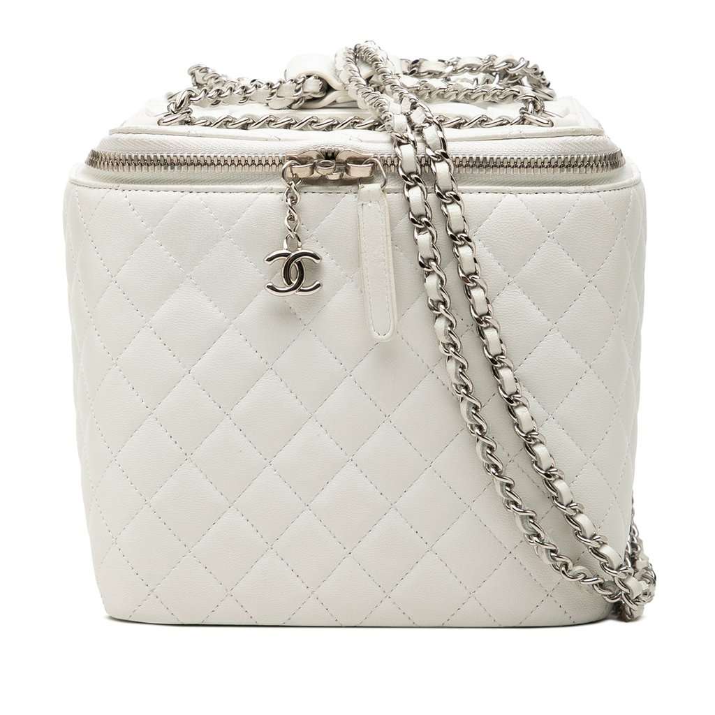 Chanel Large Quilted Lambskin Top Handle Jewelry Box With Chain White Leather Very good - Front View