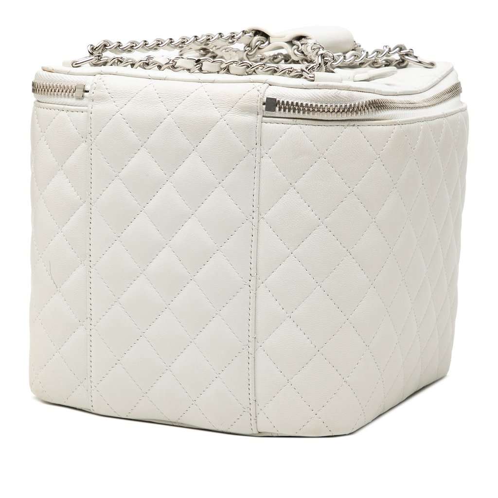 Chanel Large Quilted Lambskin Top Handle Jewelry Box With Chain White Leather Very good - Back View