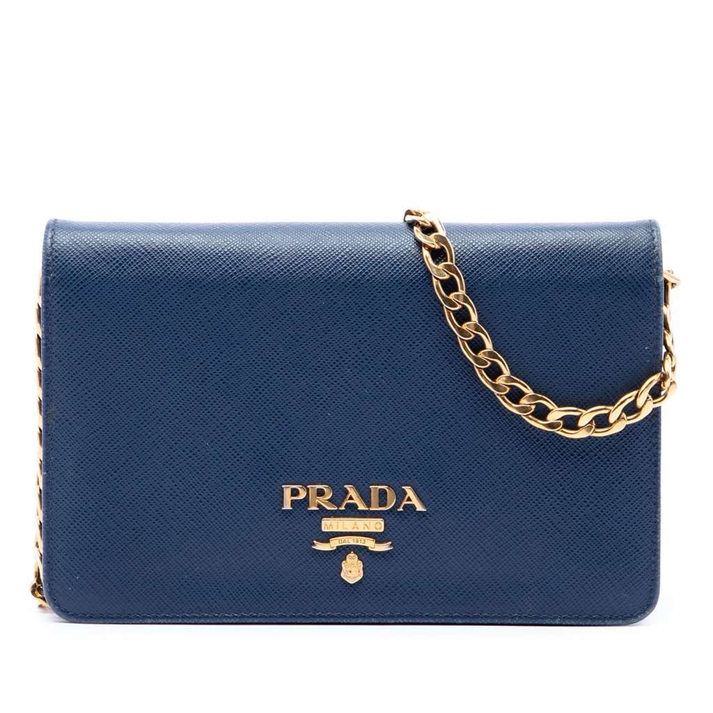Prada Saffiano Lux Wallet on Chain Blue Leather Very good condition - Front View