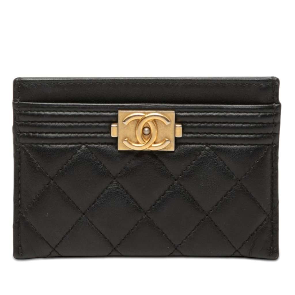 Chanel Quilted Lambskin Boy Card Holder Black Leather Very good condition - Front View