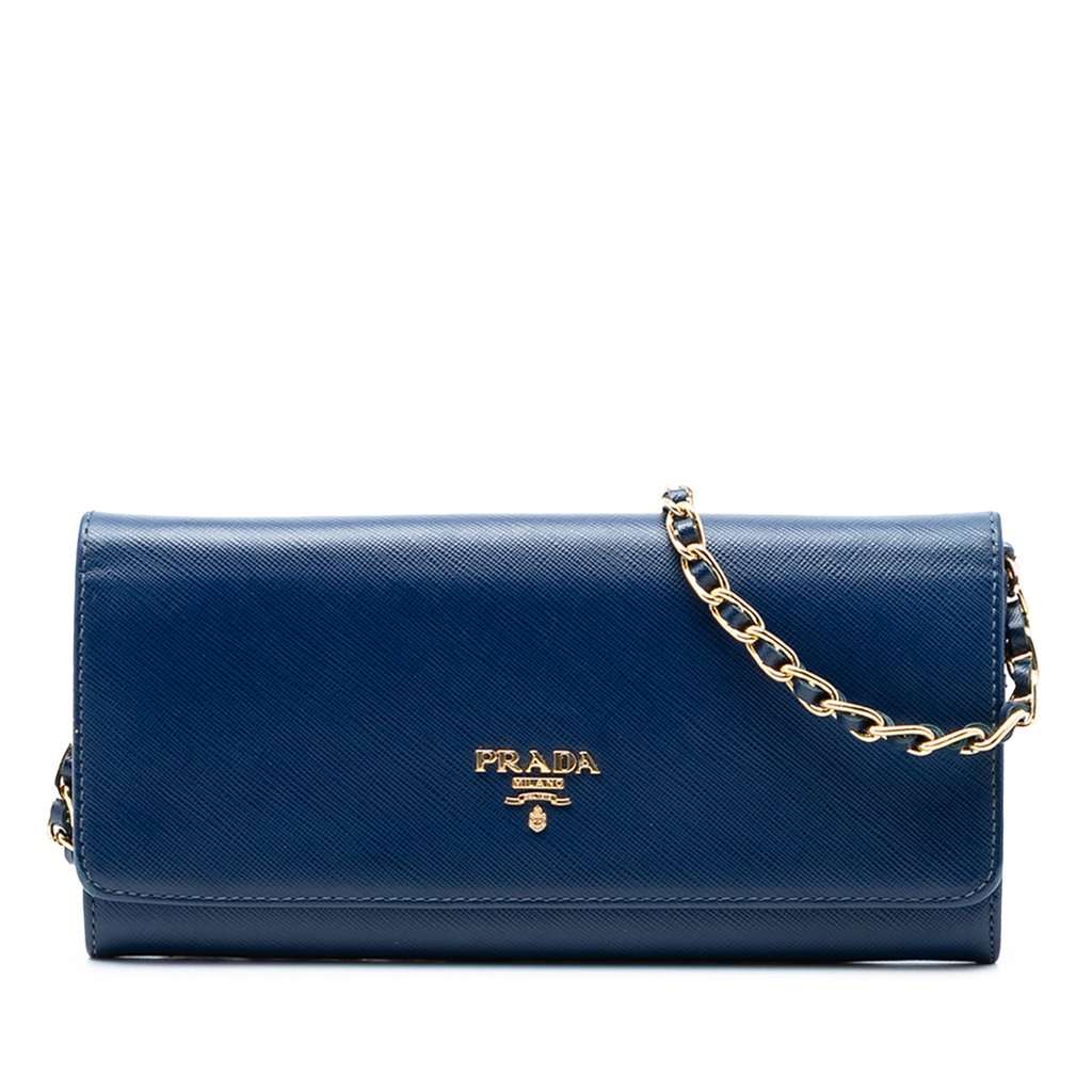 Prada Saffiano Wallet On Chain Blue Leather Very good condition - Front View