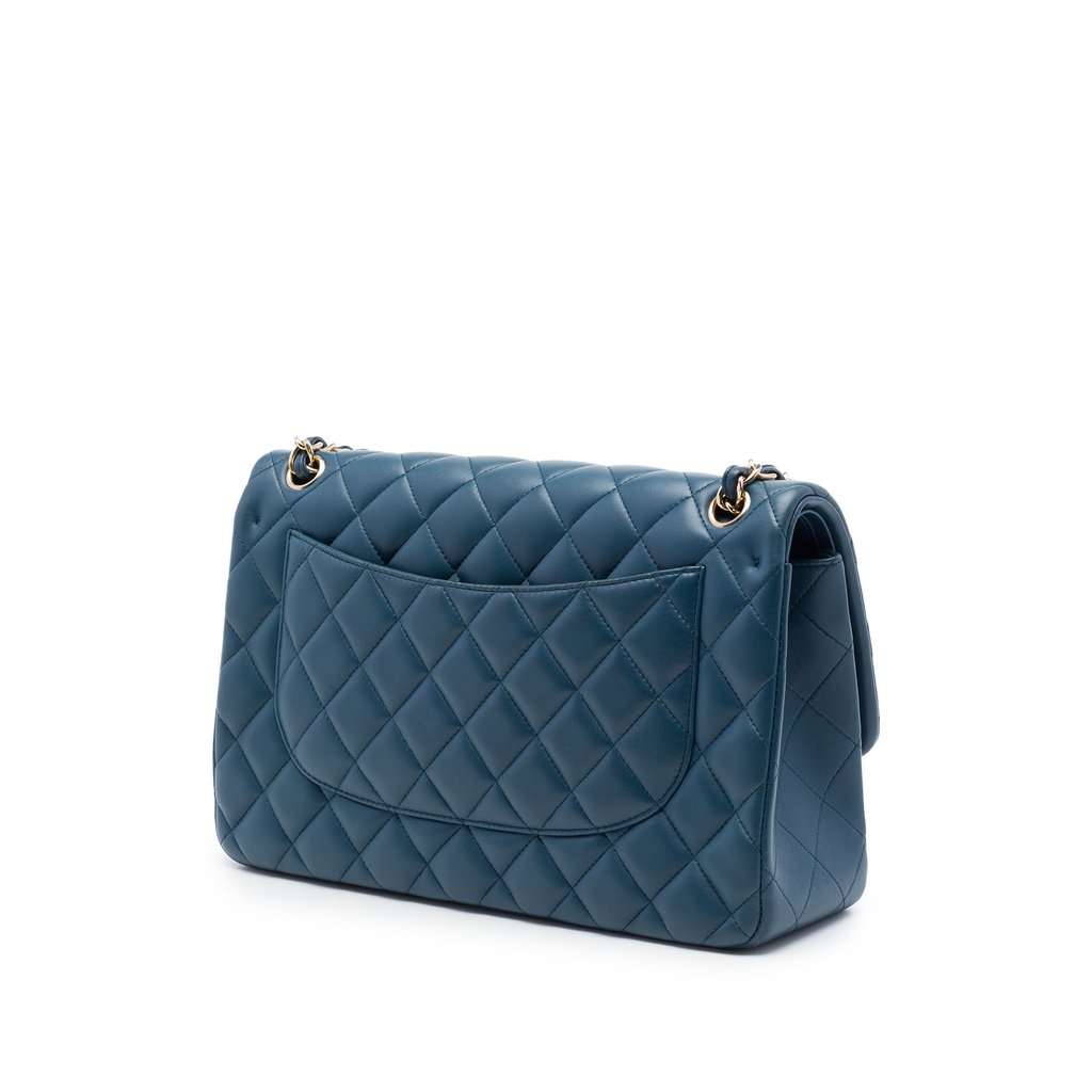 Chanel Jumbo Classic Lambskin Double Flap Blue Leather Very good - Back View