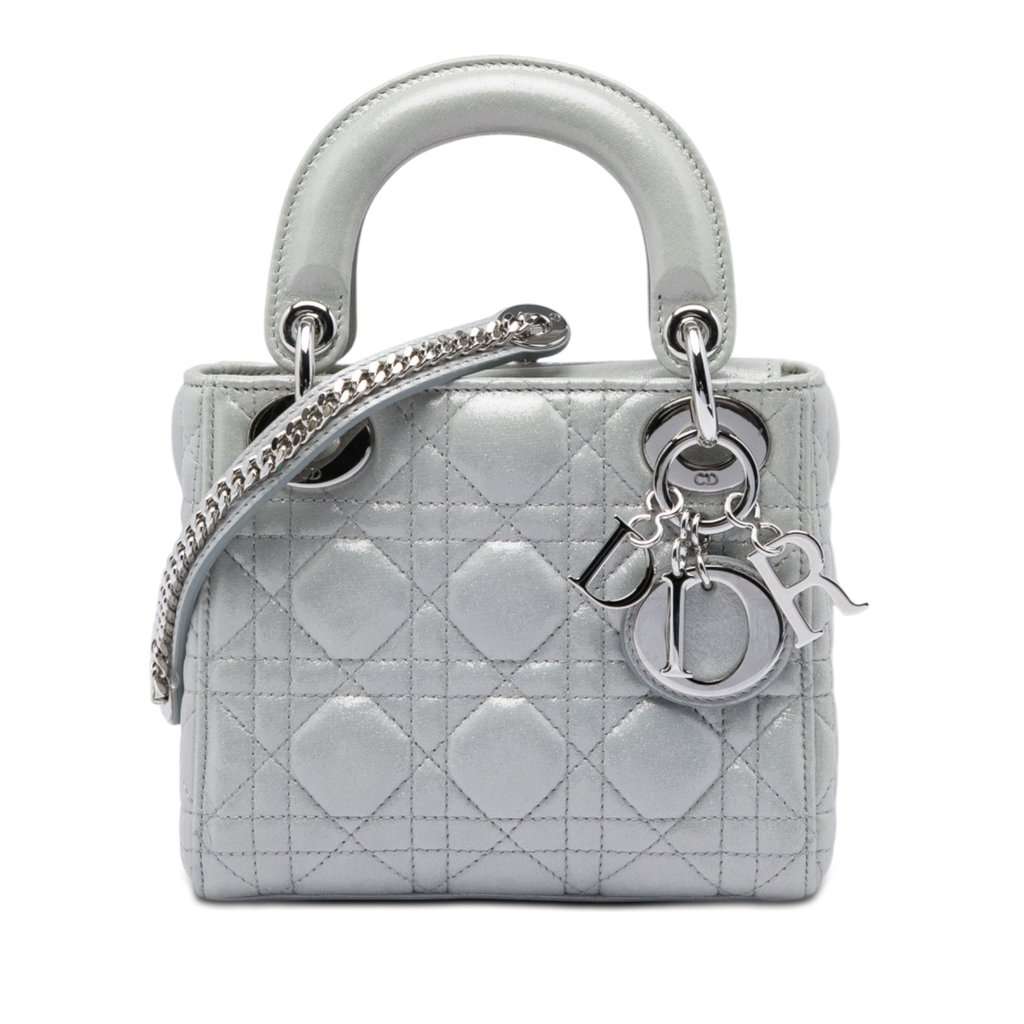 Dior Mini Iridescent Lambskin Cannage Lady Dior Silver Leather Very good condition - Front View