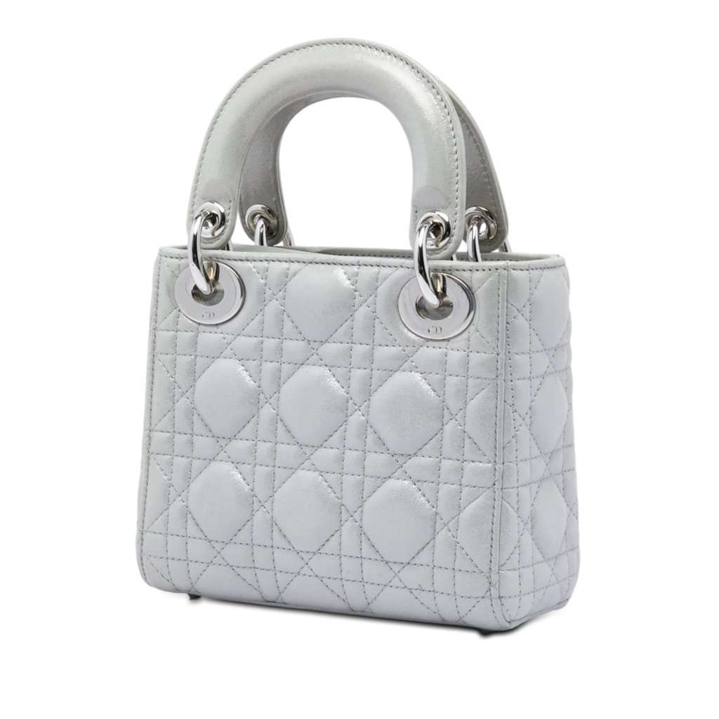 Dior Mini Iridescent Lambskin Cannage Lady Dior Silver Leather Very good condition - Back View
