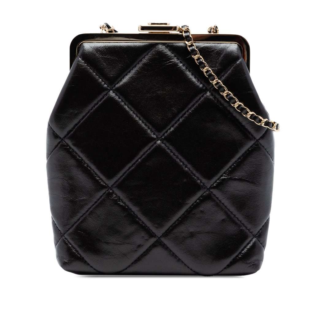 Chanel Small CC Quilted Lambskin Kisslock Frame Clutch Black Leather Very good condition - Front View