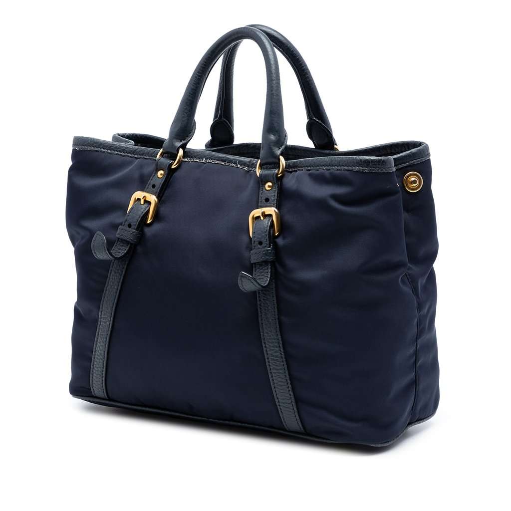 Prada Vitello Daino Trimmed Tessuto Satchel Blue Very good condition - Back View