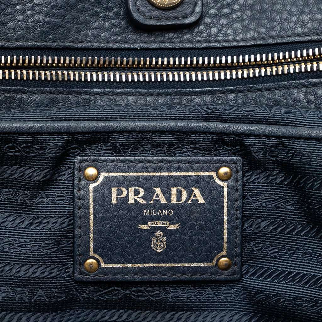 Prada Vitello Daino Trimmed Tessuto Satchel Blue Very good condition - Box View