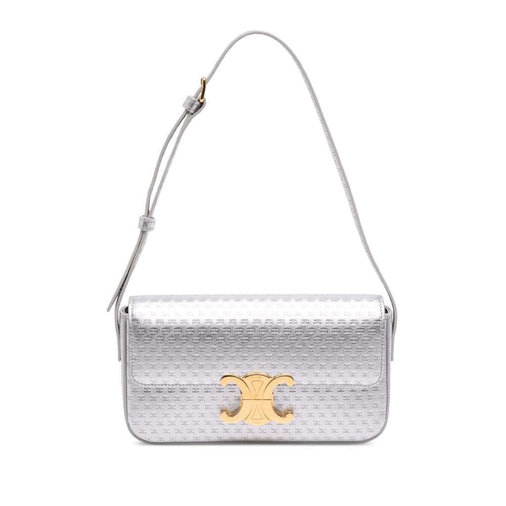 Celine Triomphe All Over Laminated Calfskin Claude Shoulder Bag Silver Leather Very good - Front View