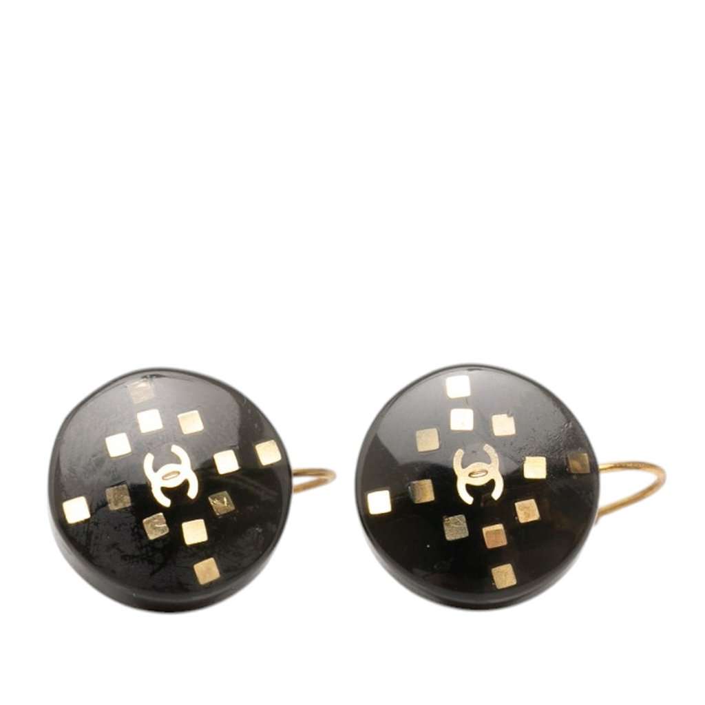 Chanel CC Enamel Gold Plated Round Lever Back Earrings Black Very good - Front View