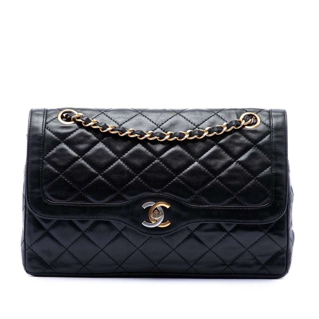 Chanel Limited Edition Paris Quilted Lambskin Double Flap Black Leather Very good - Front View