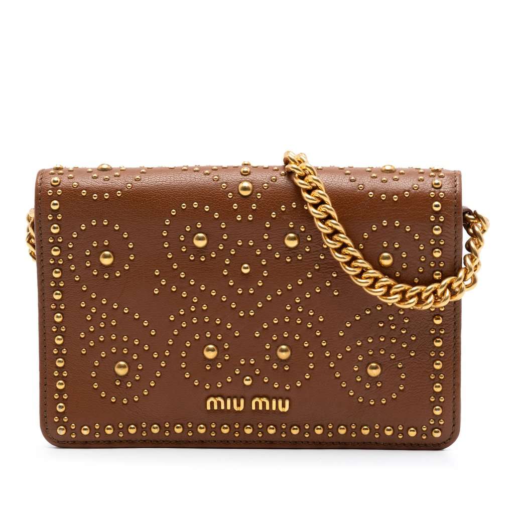 Miu Miu Studded Goatskin Madras Lux Wallet On Chain Brown Leather Very good condition - Front View
