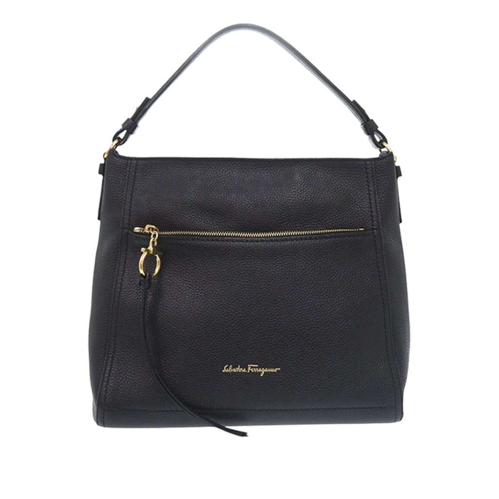 Salvatore Ferragamo Pebbled Leather Ally Hobo Black Leather Very good condition - Front View