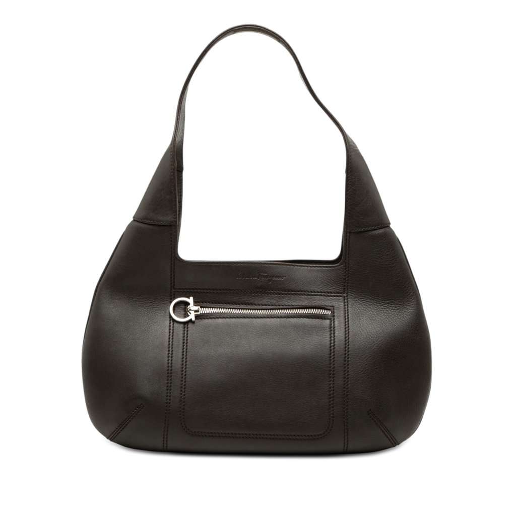 Ferragamo Calfskin Gancini Hobo Brown Leather Very good condition - Front View