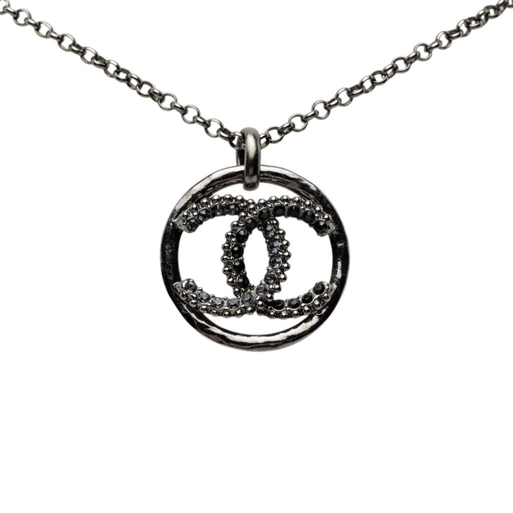 Chanel CC Ruthenium Plated Strass Pendant Necklace Black Metal Very good - Back View