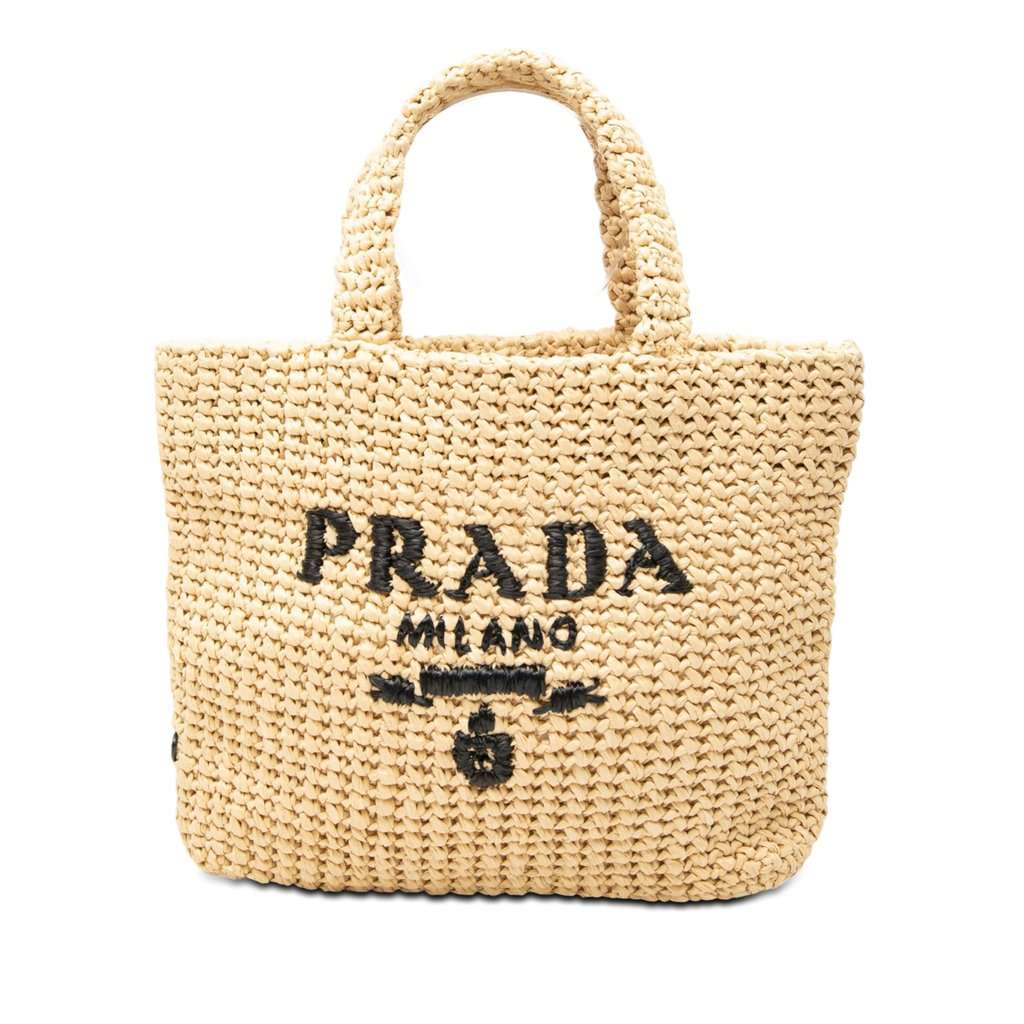 Prada Small Raffia Effect Crochet Embroidered Logo Tote Beige Very good - Front View