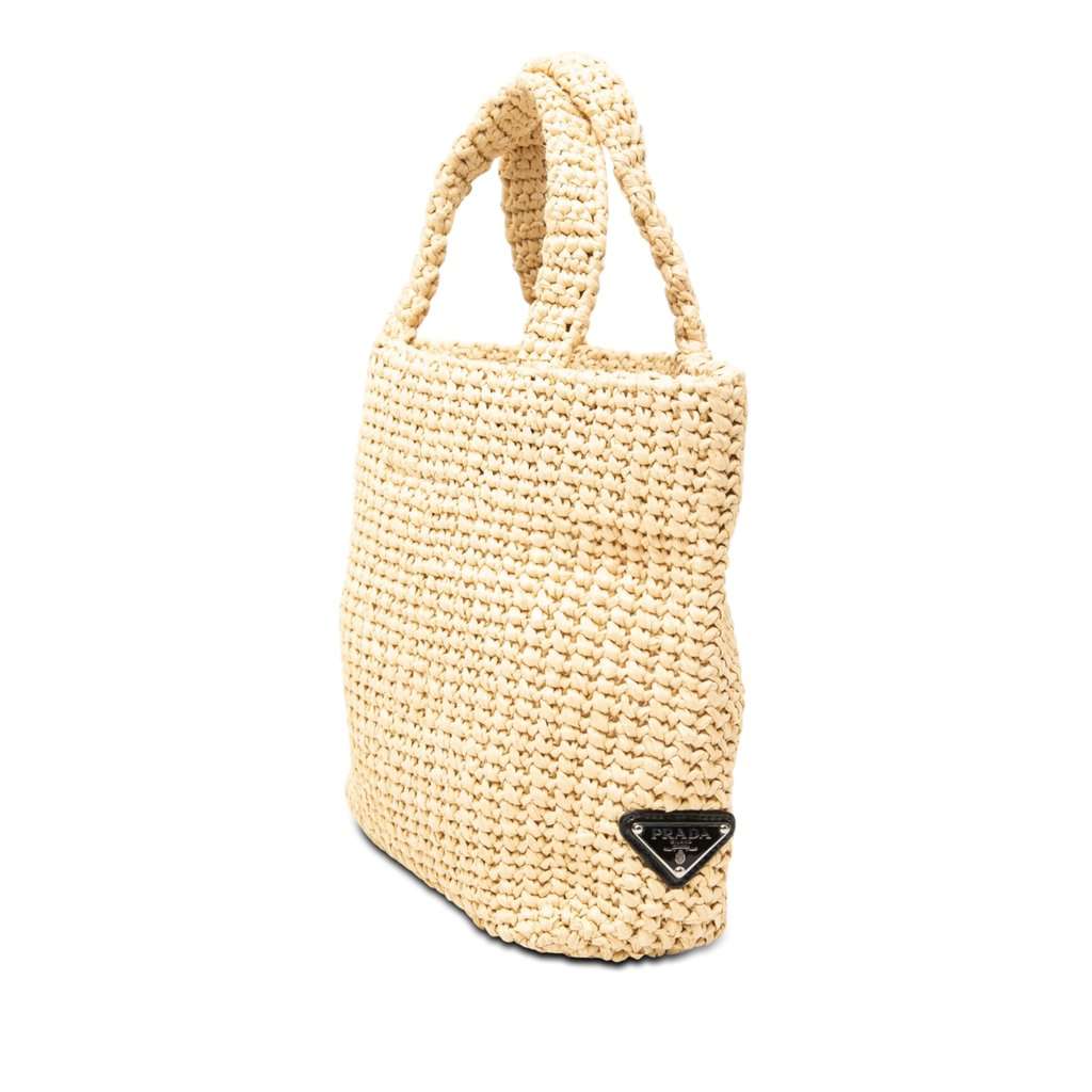 Prada Small Raffia Effect Crochet Embroidered Logo Tote Beige Very good - Back View