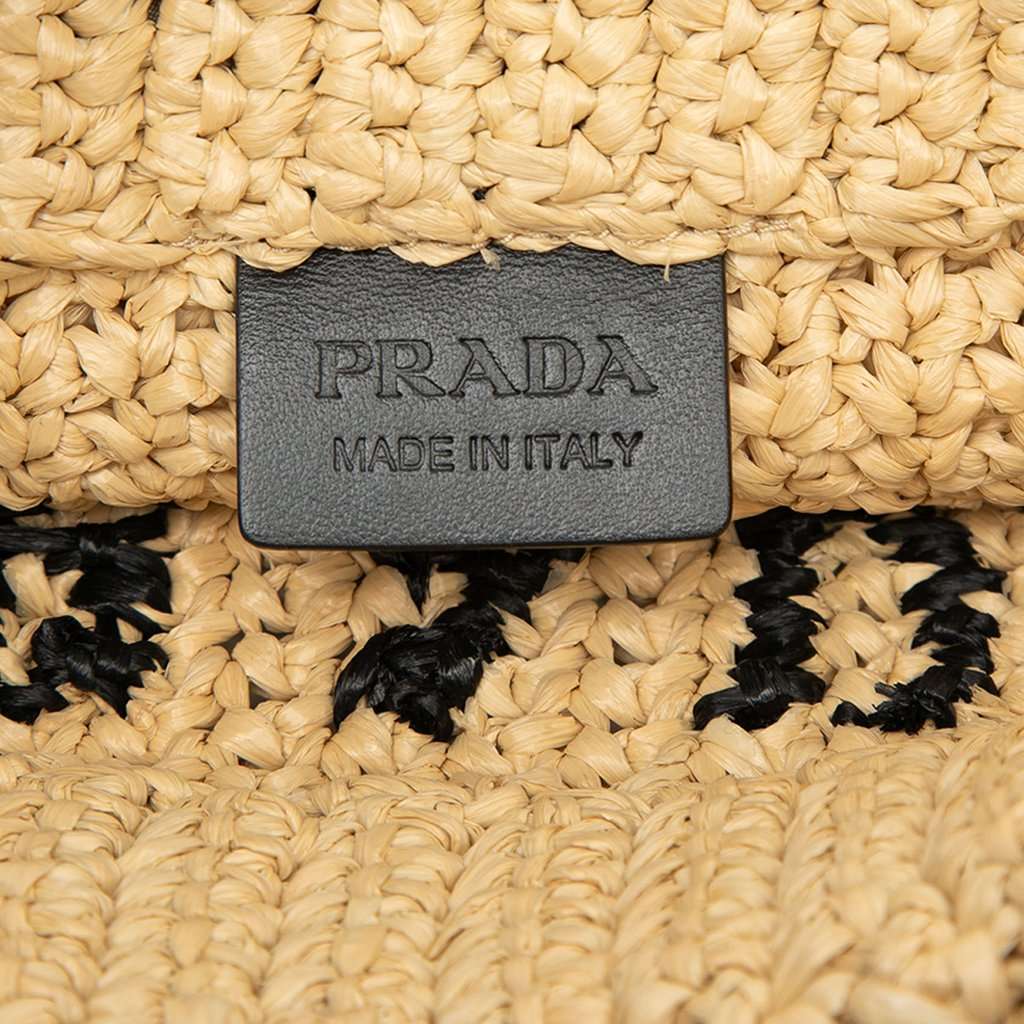 Prada Small Raffia Effect Crochet Embroidered Logo Tote Beige Very good - Box View
