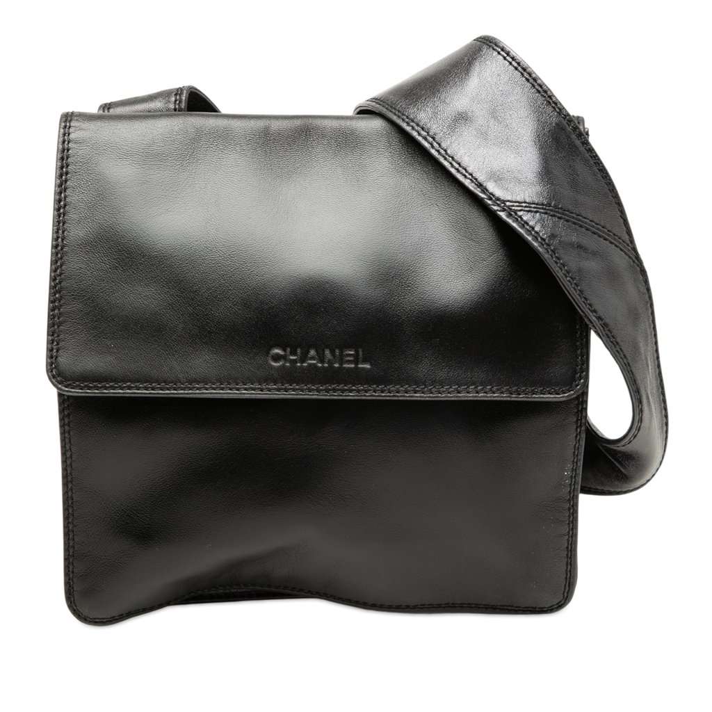Chanel Lambskin Logo Messenger Bag Black Leather Very good - Front View