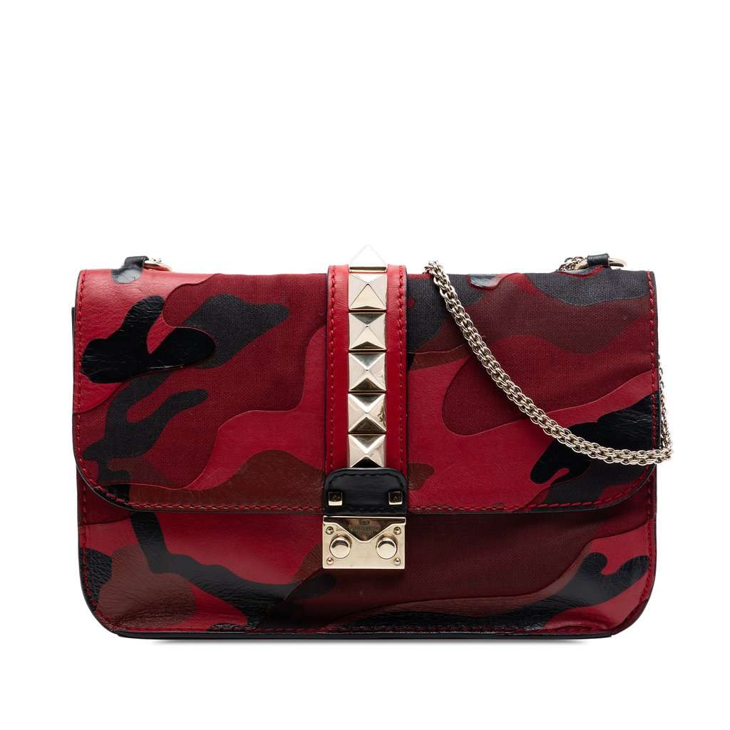 Valentino Medium Nappa and Canvas Camouflage Rockstud Glam Lock Crossbody Red Leather Very good condition - Front View