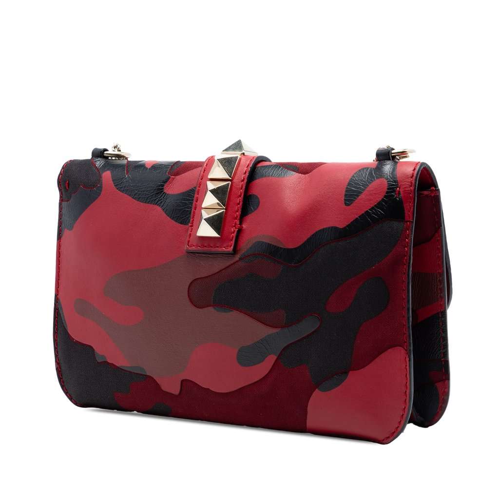 Valentino Medium Nappa and Canvas Camouflage Rockstud Glam Lock Crossbody Red Leather Very good condition - Back View