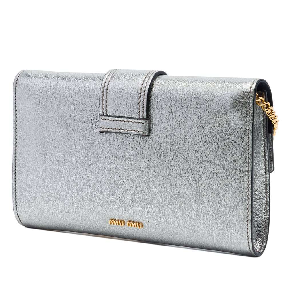 Miu Miu Metallic Goatskin Madras Crystal Embellished Crossbody Silver Leather Very good - Back View